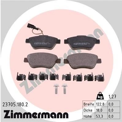 Abbildung von ZIMMERMANN 23705.180.2 Bremsbelagsatz inkl. Verschleißwarnkontakt mit Schrauben Foto entspricht Lieferumfang, Gleitblech FIAT: 500 C Cabrio, Idea