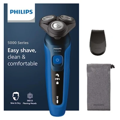 Abbildung von Philips Series 5000 Elektrischer Nass und Trockenrasierer S5466/18, Leistungsstarke &amp; sanfte Rasur, SteelPrecision Schersystem, flexible 360 Scherköpfe, 60 Min. Laufzeit