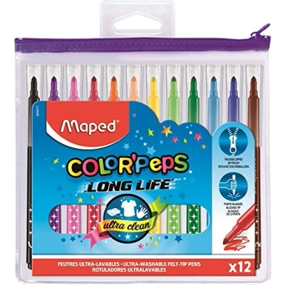 Abbildung von Maped Long Life Filzstifte, 12 Stück, sehr waschbar und langlebig, mittlere Spitze, blockiert, lebendige Farben, ideal für den Schulanfang, aus Kunststoff, mit Reißverschluss