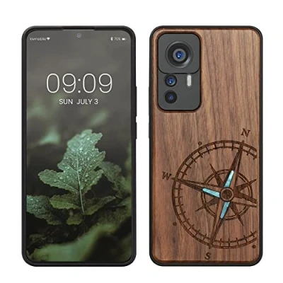 Abbildung von kwmobile Hülle kompatibel mit Xiaomi 12T / Pro Holz Case Handy Cover TPU Handyhülle in Dunkelbraun Vintage Kompass Perlmutt