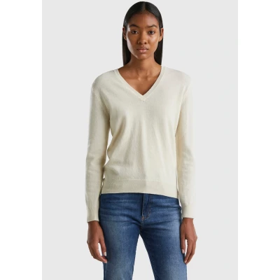 Abbildung von United Colors of Benetton Merino V NECK Strickpullover Strickpullover, Damen, Größe: 40, White