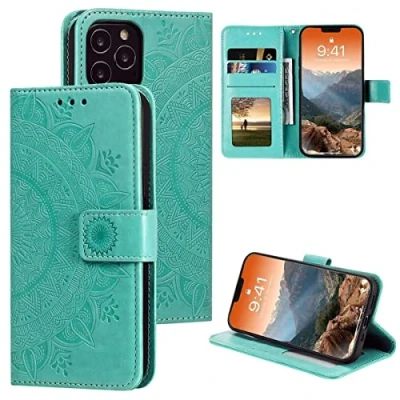 Abbildung von CoverKingz Handy Hülle kompatibel mit iPhone 12 Pro Max [6,7 Zoll] Handyhülle Kartenfach Bookcover Case Tasche klappbar Motiv Mandala Grün