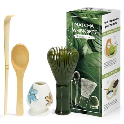 Abbildung von 4 Stück Matcha Set Japanische Zeremonie, Grün MatchaBesen aus Harz, Bambuslöffel, Bambusschaufel, Quirlhalter, Zubehör für die Teezeremonie, Getränk Brillantweiß/Blume