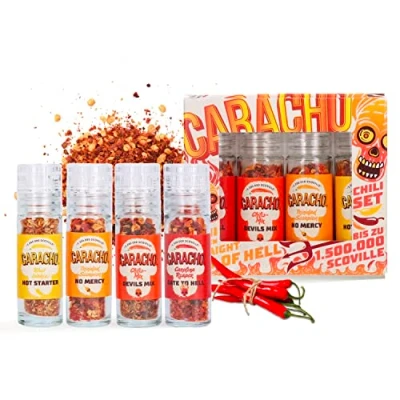 Abbildung von CARACHO Chili Mühlen Set Superhot Vol. 2, Extrem scharfe Chili, Schärfe von 1 1,5 Mio Scoville, 4 Mini im Geschenkset, Hochwertige Chilis mit verschiedenen Schärfegraden, Gewürz
