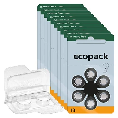 Abbildung von 60x ecopack Hörgerätebatterien 13 (Orange), 10x6er Blister PR48 1,4V + Aufbewahrungsbox für 2 (alle Größen), transparente Batteriebox Zwei Knopfzellen bis 12 mm x 6 (Ø H)
