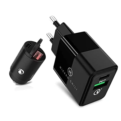 Abbildung von Wicked Chili 20W Dual USB Netzteil und 30W KFZ Ladegerät kompatibel mit iPhone 14, 13, 12, 11 (Pro, Max, Plus, Mini) XS, X, 8 SE 2020 geeignet für Samsung Galaxy 50W Fast Charge Set