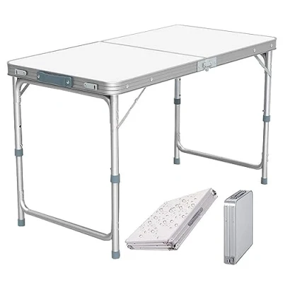 Abbildung von Tragbarer Aluminium Klapptisch, 120 cm, für Party, Garten, Grillen, Camping, 3 verstellbare Höhe, Leichter Klapptisch Outdoor Picknick, Kochen, Größe aufgeklappt: x 60 70/62/55 cm