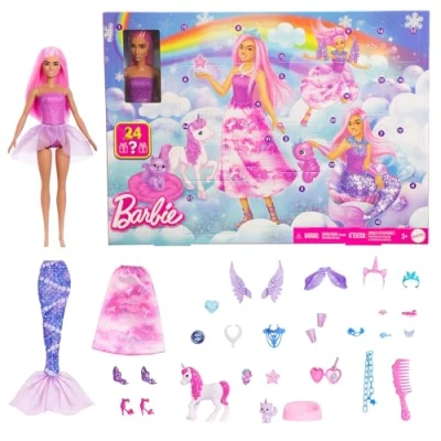 Abbildung von Barbie Adventskalender mit Puppe und 24 Überraschungs Accessoires Einhorn Tieren, die Modepuppe kann in eine Meerjungfrau, Fee mehr verwandelt Werden. ,JFL66