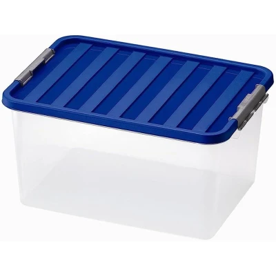 Abbildung von HEIDRUN Clipbox mit Deckel+Verschlüssen, 38 Liter, 52x36,5x26cm transparenter oder blauer Deckel (Farbwahl zufällig)