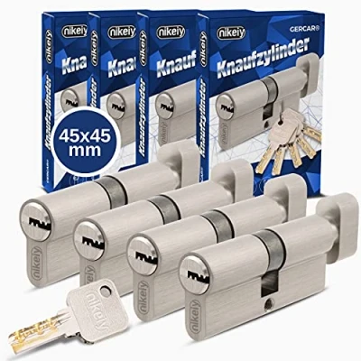 Abbildung von GERCAR Pro Knaufzylinder 45/45 Massiver Schließzylinder gleichschließend mit Knauf 4er Set Zylinderschloss aus Messing Matt Vernickelt inkl. 10x Wendeschlüssel Länge: 90 mm, A:45 B:45 4x