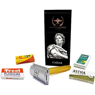 Abbildung von Roman Empire Shaving Sicherheitsrasierer mit Doppelfaden Caesar Gold von Klassischer Rasierer Safety Razor aus Stahl 20 Klingen (Astra Derby Shark Treet)