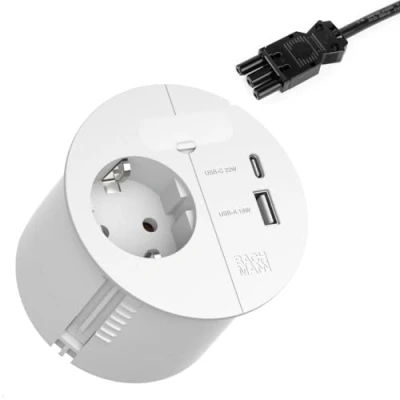 Abbildung von BACHMANN Einbausteckdose Loop in Charge 1x Steckdose USB A/C 22W mit Kabeldurchführung 0,2m Zuleitung für Büro, Besprechungsraum und Wohnraum Weiß 938.303