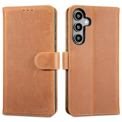 Abbildung von LENSUN Echtleder Hülle für Samsung Galaxy A55, Handyhülle [Echtes Leder][Kartenfach][RFID Schutz] Handytasche Flip Lederhülle A55 5G Vintage Braun