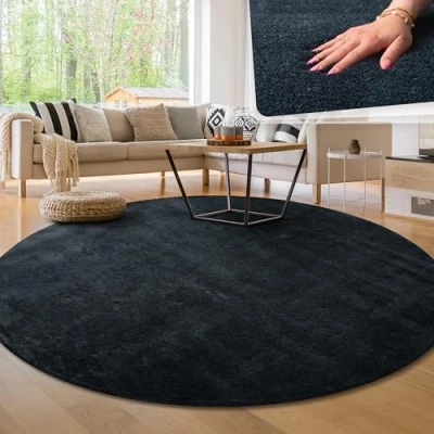 Abbildung von Paco Home Moderner Kuscheliger Wohnzimmer Teppich Kurzflor waschbar flauschig Weich Einfarbig Felloptik zeitlos stilvoll rutschfest pflegeleicht, Grösse:160 cm Rund, Farbe:Navy Blau