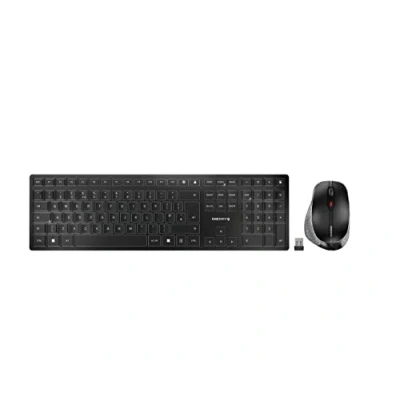 Abbildung von CHERRY DW 9500 SLIM, Kabelloses Tastatur und Maus Set, UK Layout (QWERTY), Bluetooth oder 2,4 GHz Funk, Ergonomische Rechtshändermaus, Schwarz Grau