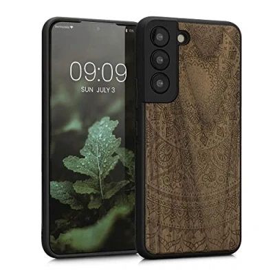Abbildung von kwmobile Hülle kompatibel mit Samsung Galaxy S22 Holz Case Handy Cover TPU Handyhülle in Dunkelbraun Indische Sonne