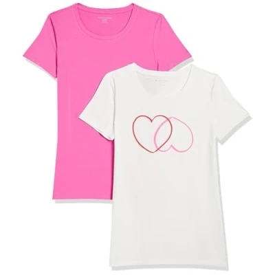 Abbildung von Amazon Essentials Damen Kurzärmeliges T Shirt mit Rundhalsausschnitt, Klassischer Schnitt, 2er Pack, Rosa/Weiß Herzen, XL