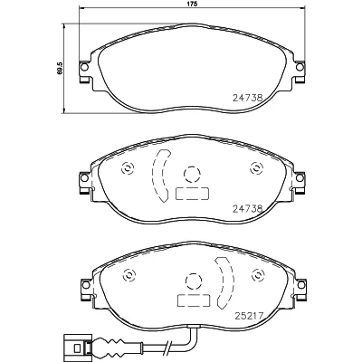 Abbildung von HELLA 8DB 355 015 921 Bremsbelagsatz mit integriertem Verschleißwarnkontakt Bremssattelschrauben VOLKSWAGEN: Passat B8 Variant, Golf 7 Schrägheck