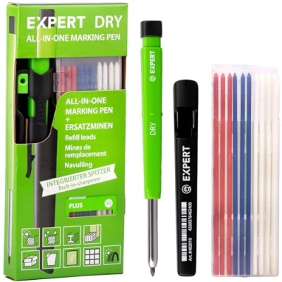 Abbildung von EXPERT DRY All in One Markierstift inkl. 11 Minen Nachfüllbarer Tieflochmarker mit Plus Set Vielseitig auf Holz, Glas, Metall Zimmermannsbleistift integriertem Spitzer Minenautomatik