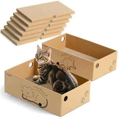 Abbildung von Ycozy Kratzbrett Katze mit 2 Box und 6 Kratzbrettern, Groß XXL Doppelseitige Kratzpappe für Katzen Hochwertiger Austauschbare Karton Widerstandsfähig Katzenmöbel