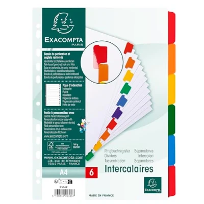 Abbildung von Exacompta 2306E Karton Register Weiß für DIN A4 aus starkem 6 teilig volle Höhe 22 x 29,7 cm weiße Blätter farbige und verstärkte Taben zur Ablage von Prospekthüllen Trennblätter