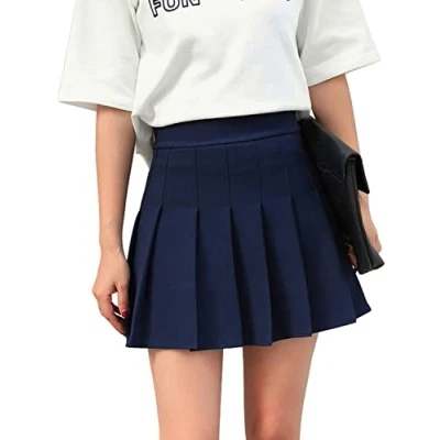 Abbildung von Hoerev Frauen Mädchen Kurze hohe Taille gefaltete Skater Tennis Schule Rock,Navyblau,42 / XXL