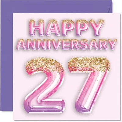 Abbildung von Stuff4 Hübsche Karte zum 27. Jahrestag für Ehefrau, Freundin, Ehemann, Freund, rosa lila Glitzerballon Happy 27 Jahrestagskarten aus der Familie, 145 mm x Grußkarten Jubiläen