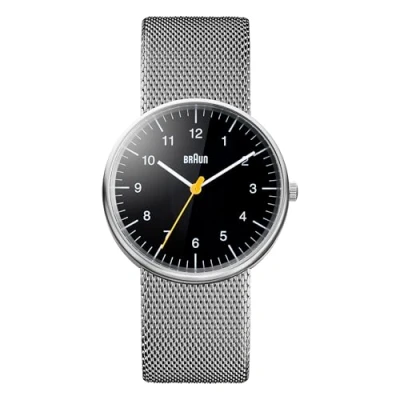 Abbildung von Braun Mens 3 Hand Analogue Quartz Watch, Black Dial and Steel Milanese Mesh Strap, 38mm Stainless Case, Model BN0021BKSLMHG.
