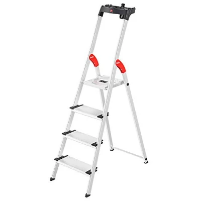 Abbildung von Hailo L80 ComfortLine Alu Sicherheits Stehleiter klappbare Leiter mit 4 XXL Stufen und Ablageschale Arbeitshöhe bis 285 cm Gewicht 4,4 kg Silber