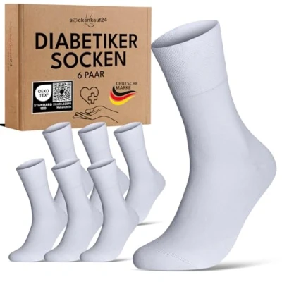 Abbildung von Diabetikersocken ohne Gummibund &amp; Naht 97% Baumwolle (6 Paar) Diabetiker Socken mit Komfortbund für Damen Herren 70108T (Weiß 35 38)