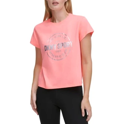 Abbildung von DKNY Women&#039;s Metallic Athletic Medallion Logo Cropped Tee T Shirt, Atomic Pink, Small
