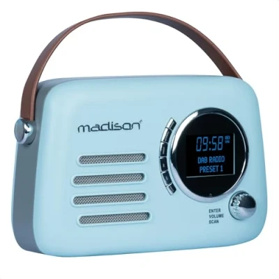 Abbildung von Madison FREESOUND VR30BL DAB Vintage DAB+ Radio mit langer Akkulaufzeit DAB+, FM, Bluetooth &amp; USB Subwoofer auf der Rückseite Blau matt Vintage, Nostalgie, Retro