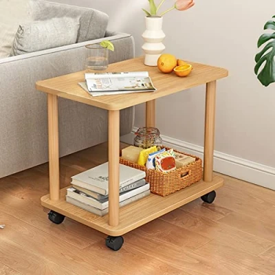 Abbildung von HshDUti Beistelltisch mit Rollen, schmaler Nachttisch 2 Ebenen, Holz Beistelltisch, kleine Nachttische, Couchtisch, Teetisch, Sofatisch für Wohnzimmer, Schlafzimmer, 60 x 30 47 cm