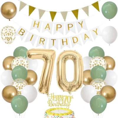 Abbildung von 70. Geburtstag Dekoration Salbeigrüne, Grün Gold Luftballon Deko mit Zahl 70 Folienballon, Happy Birthday Banner, Tortendeko für Frau Mann