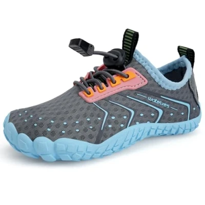 Abbildung von Barfußschuhe Wasserschuhe Kinder Jungen Mädchen Aqua Schwimmen Nass Riff Schuhe für Strand Pool Wasser Sport Non Slip Schnell Trocknen（Grau Blau 28）