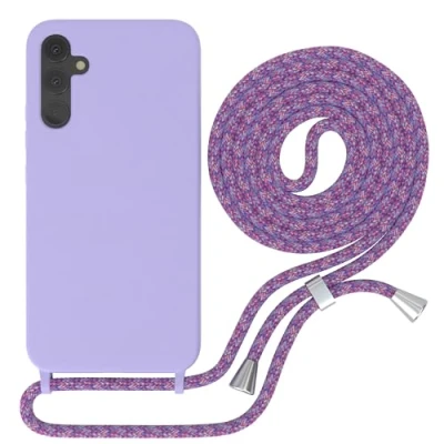 Abbildung von EAZY CASE Handytasche zum Umhängen kompatibel mit Samsung Galaxy A34 Handy Schutzhülle Band, Necklace Hülle, farbig TPU Case, Lavendel Lila Schnur Unicorn Clips Silber
