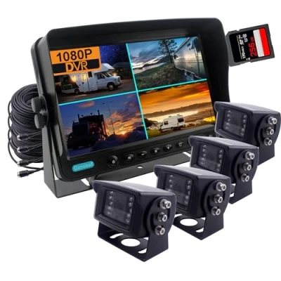 Abbildung von CAMSLEAD 9 Zoll Monitor 1080P Rückfahrkamerasystem, DVR Recorder, Unterstützung Einer 256 GB SD Karte, 4 Kanal Eingang, Quad Split Screen,1080P Rückfahrkamera für LKW, Anhänger, Wohnmobil, Wohnwagen