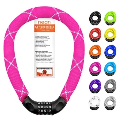 Abbildung von nean Fahrradschloss mit Zahlen, Kettenschloss hohe Sicherheitsstufe, Fahrrad Schloss Zahlenschloss Code, Kette aus gehärtetem Stahl, extrem robuste Gewebeummantelung, pink, 6 x mm 900