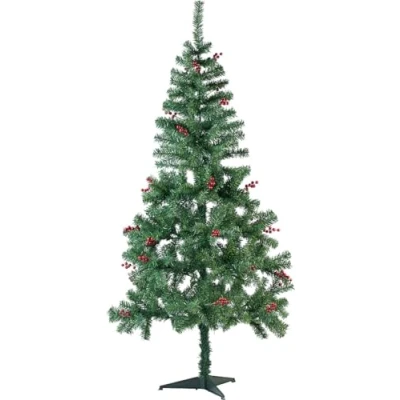 Abbildung von infactory Plastik Weihnachtsbäume: Weihnachtsbaum mit roten Beeren, 180 cm, 364 Zweige, Ständer (Christbaum zum Zusammenstecken, Tannenbaum, Weihnachtskugeln)