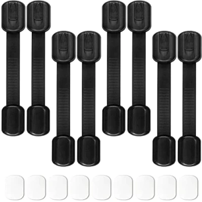 Abbildung von SACONELL Kindersicherung, Schwarz, Babysichere Schrankriegel ohne eingeklemmte Finger für Schrank/Schubladen/Schrank/WC Sitz/Backofen und Kühlschrank, inklusive 9 extra Klebepads, 8 Stück
