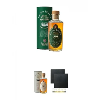 Abbildung von Sibona Grappa MADEIRA Wood Italien 0,5 Liter + SHERRY Schiefer Glasuntersetzer eckig ca. 9,5 cm Ø 2 Stück