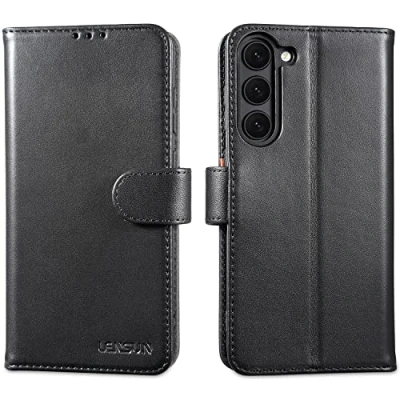 Abbildung von LENSUN Echtleder Hülle für Samsung Galaxy S23 Plus, Handyhülle [Echtes Leder] [Magnetverschluss] [RFID] Lederhülle Handytasche Plus 5G Schwarz