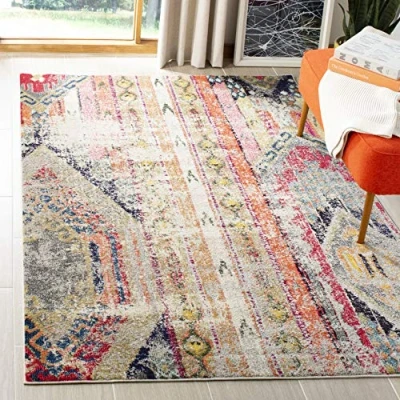Abbildung von SAFAVIEH Boho Teppich für Wohnzimmer, Esszimmer, Schlafzimmer Monaco Collection, Kurzer Flor, Hellgrau und Multi, 201 X 279 cm