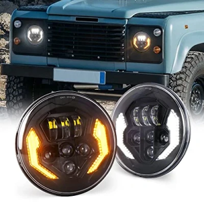 Abbildung von MOVOTOR 17,8 cm LED Scheinwerfer, Defender Scheinwerfer mit weißem Tagfahrlicht, bernsteinfarben, Blinker, Hi/Lo Beam, runde kompatibel 90 110 Jeep Wrangler JK JKU TJ CJ