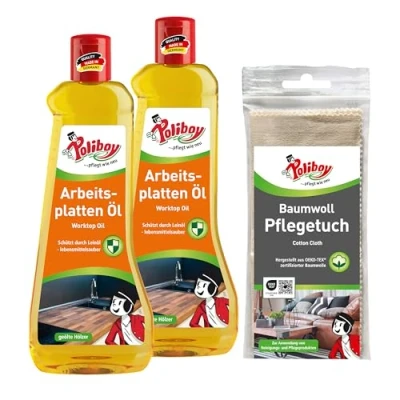 Abbildung von POLIBOY Arbeitsplattenöl Holzöl für Massivmöbel Öl zur Holzpflege und Holzschutz 2x 500ml Mit Baumwolltuch Made in Germany