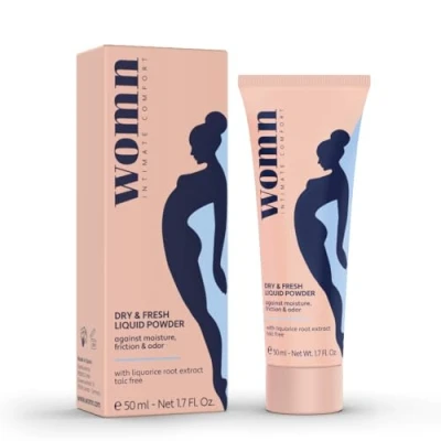 Abbildung von womn Intimate Comfort DRY &amp; FRESH LIQUID POWDER talkumfreier flüssiger Körperpuder gegen Nässe, Wundscheuern und unangenehme Gerüche, 50 ml