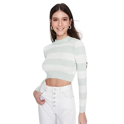 Abbildung von Trendyol Damen ECU Gestreifter Crop Strickwaren Pullover Sweatshirt, merhfarbig, Medium