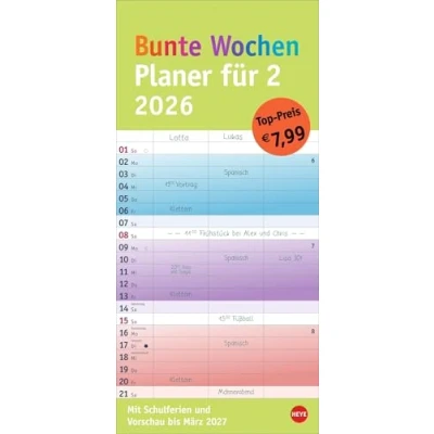 Abbildung von Bunte Wochen Planer für 2 2026: Praktischer Wandplaner zwei mit 3 Spalten. Wandkalender Schulferien und Monats Ausblick aufs Folgejahr. Terminkalender 2026 zum Eintragen. (Bürokalender Heye)