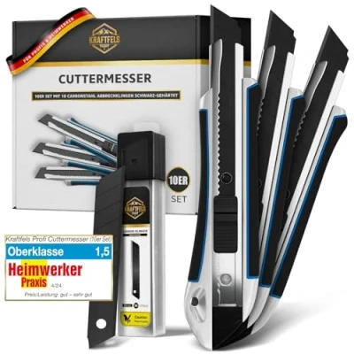Abbildung von KRAFTFELS Profi 10er Set Robustes Cuttermesser 18mm inklusive 10 extrem scharfen Klingen Rutschfestes Cutter &amp; Universalmesser.