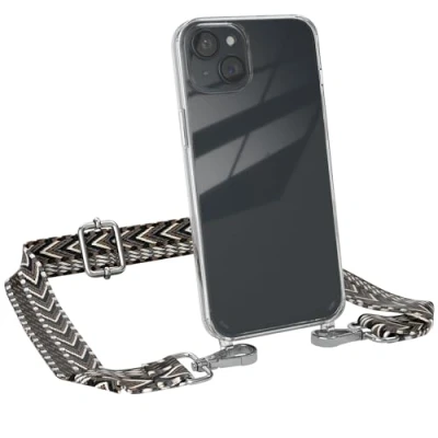 Abbildung von EAZY CASE Handykette mit verstellbarem Trageriemen für iPhone 15 Plus Taschengurt zum Wechseln transparenter Handyhülle Hülle dünner Schulterriemen in Grau Schwarz Silber